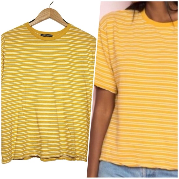 Brandy Melville | Women | Aleena Mustard Yellow Striped Boxy Tee | One Size - Picture 1 of 12